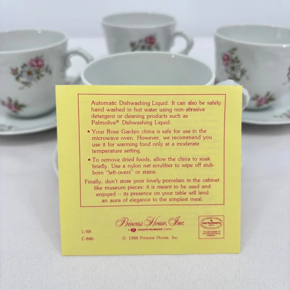 Princess House Rose Garden Fine Porcelain Tea Cup Saucer Set 4 Vintage 1988 NIB
